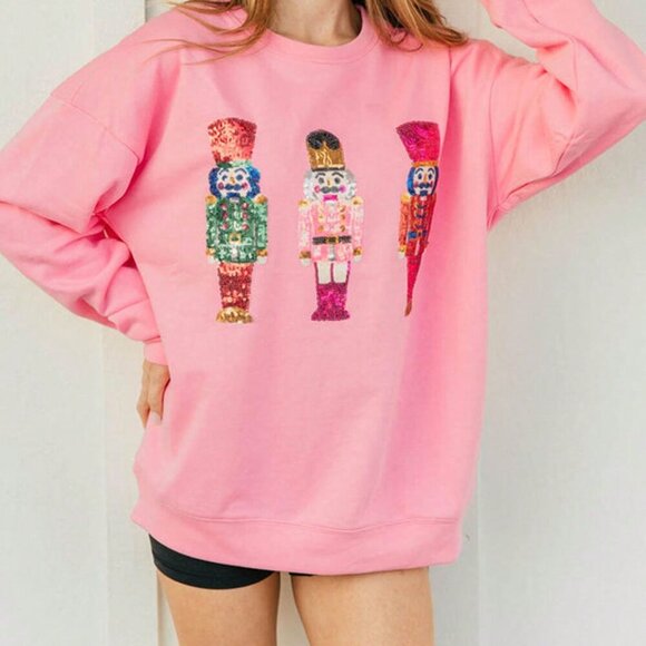 Pink Casual Women's Loose Sequin Christmas Crewneck Sweater - Picture 4 of 7